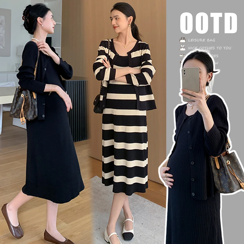 孕妇春秋装连衣裙2025条纹针织吊带裙宽松显瘦毛衣外套时尚两件套