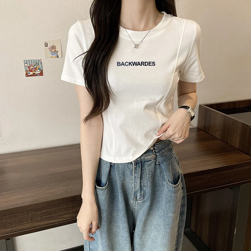 8825#独特别致美式复古甜辣短款上衣设计感小众正肩短袖t恤女夏季