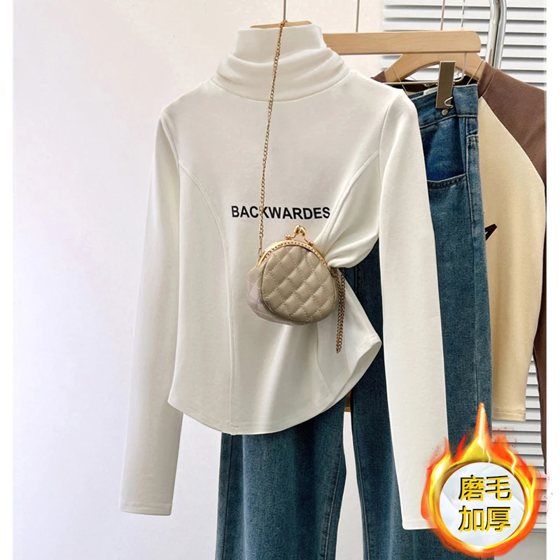 8920#高领修身磨毛加厚打底衫女秋冬款印花长袖白色内搭保暖上衣