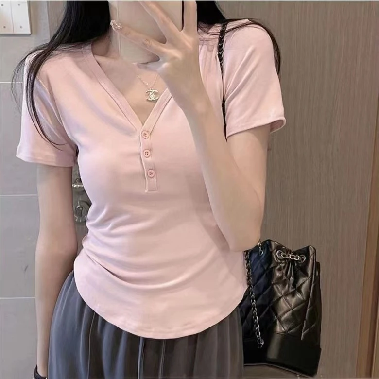 8847修身正肩短袖t恤女夏显瘦V领高腰瑜伽舞蹈服运动短款上衣小众