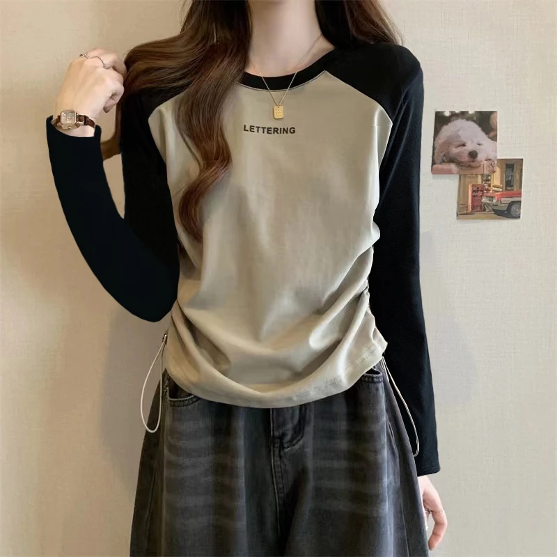 8888#秋冬正肩长袖T恤女圆领字母印花拼接撞色百搭显瘦抽绳上衣