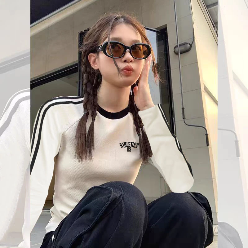 9031#秋冬女装t恤女内搭修身显瘦长袖打底衫女秋冬撞色条纹上衣潮