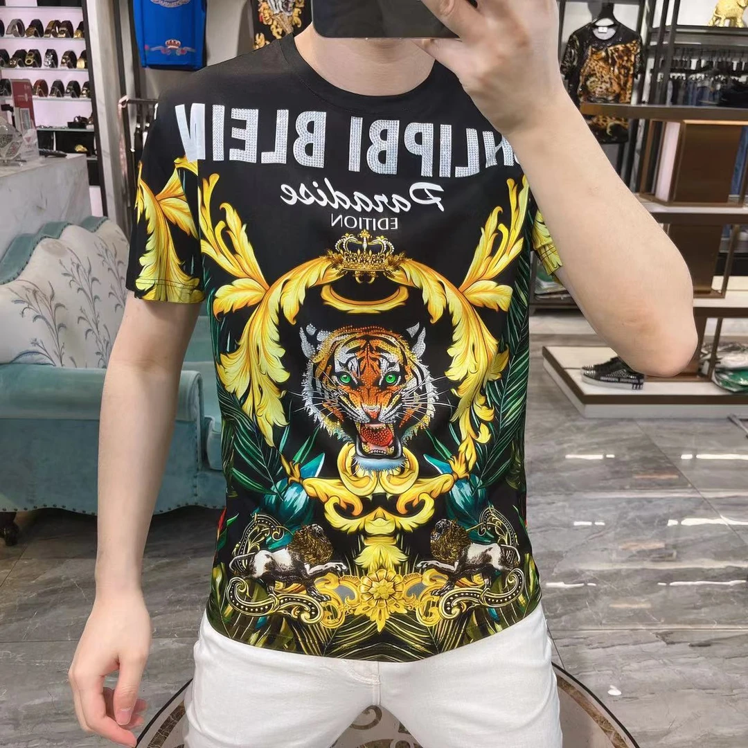 【特价】夏季新款短袖T恤男修身双丝光长绒棉半袖5D印花男装22060