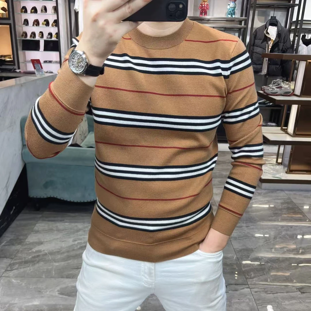 【新货】新款针织长袖男欧货条纹衫轻奢时尚男装百搭圆领实体爆款潮