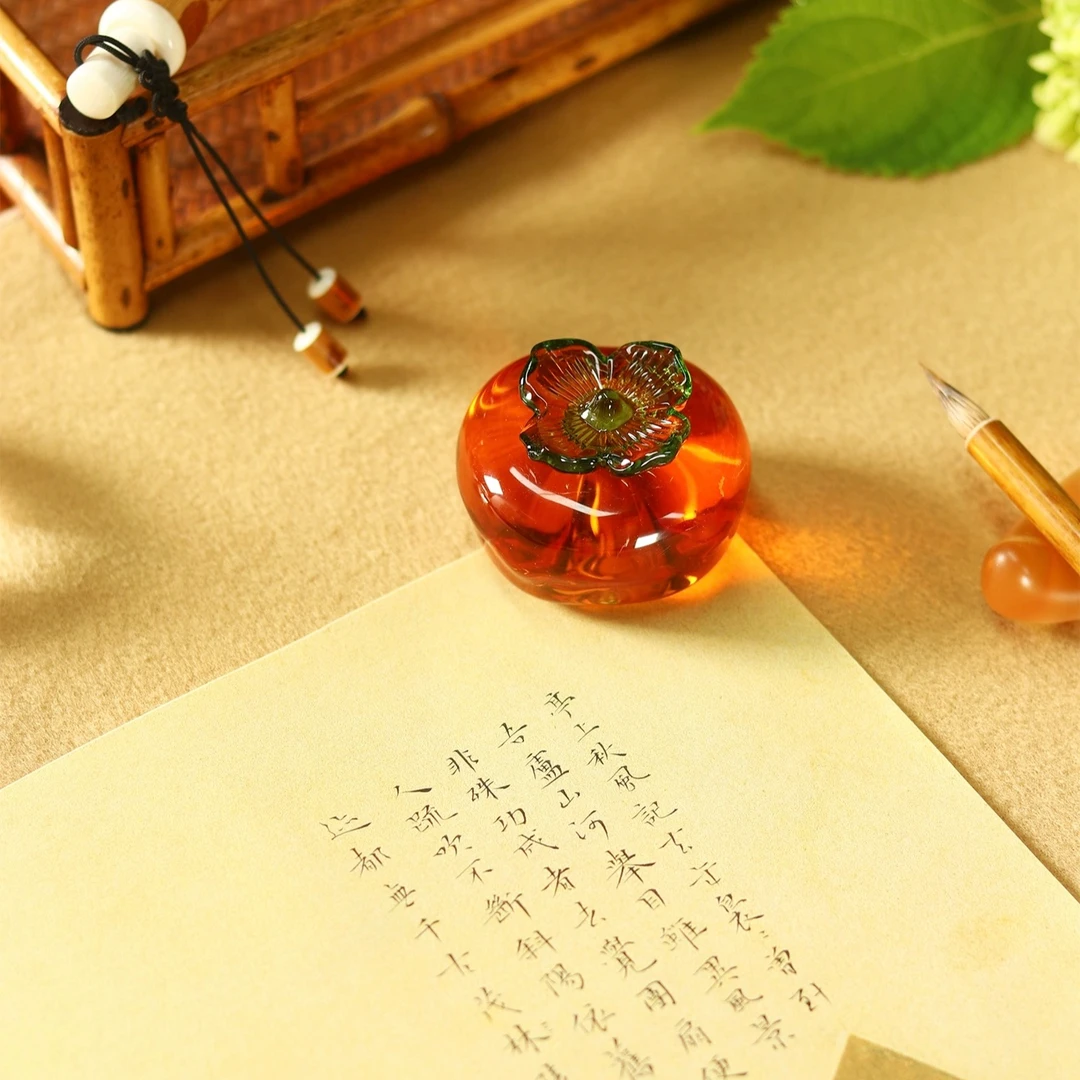 柿柿如意寓意水晶镇尺创意文房书画镇纸柿子摆件水晶玻璃实心