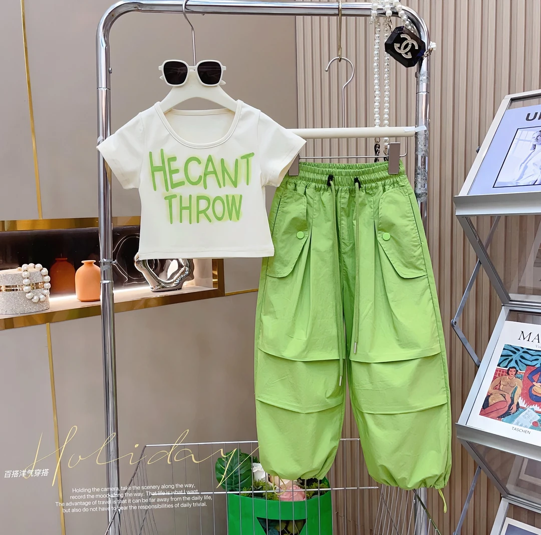 女童2024夏季新款韩版洋气糖果色时尚T恤夏季薄款工装休闲裤百搭