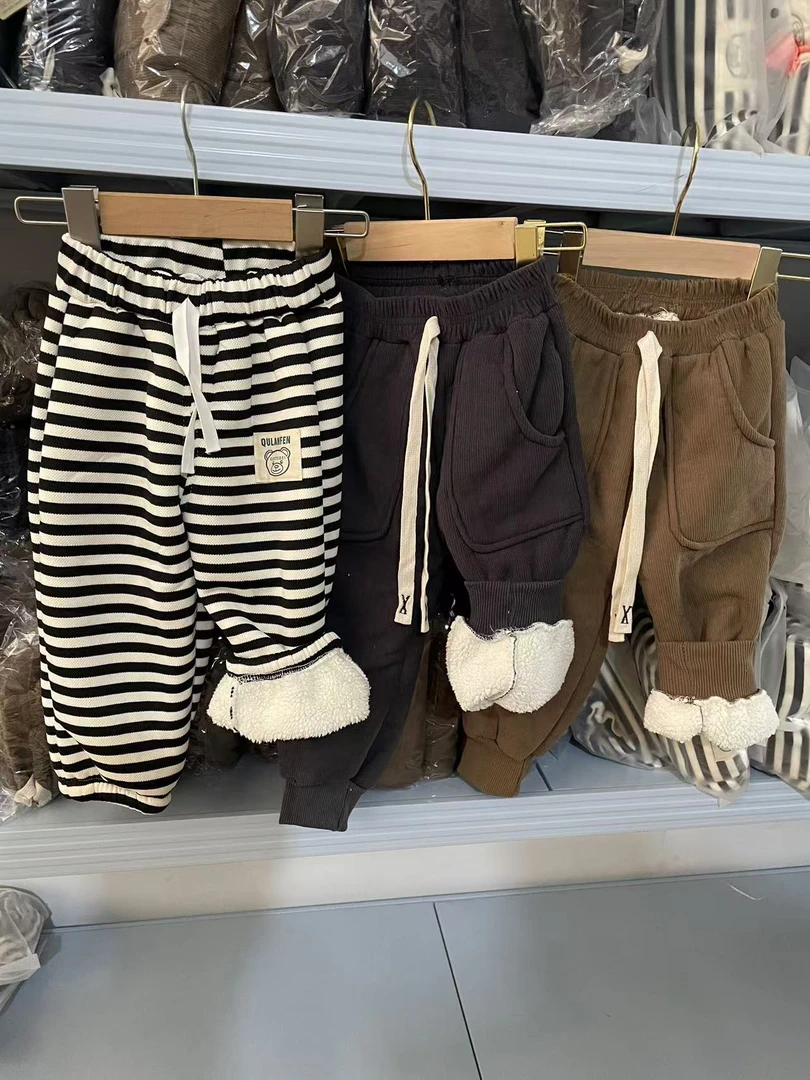 【羊羔绒条纹卫裤】儿童卫裤男童加绒卫裤女宝条纹外出卫裤