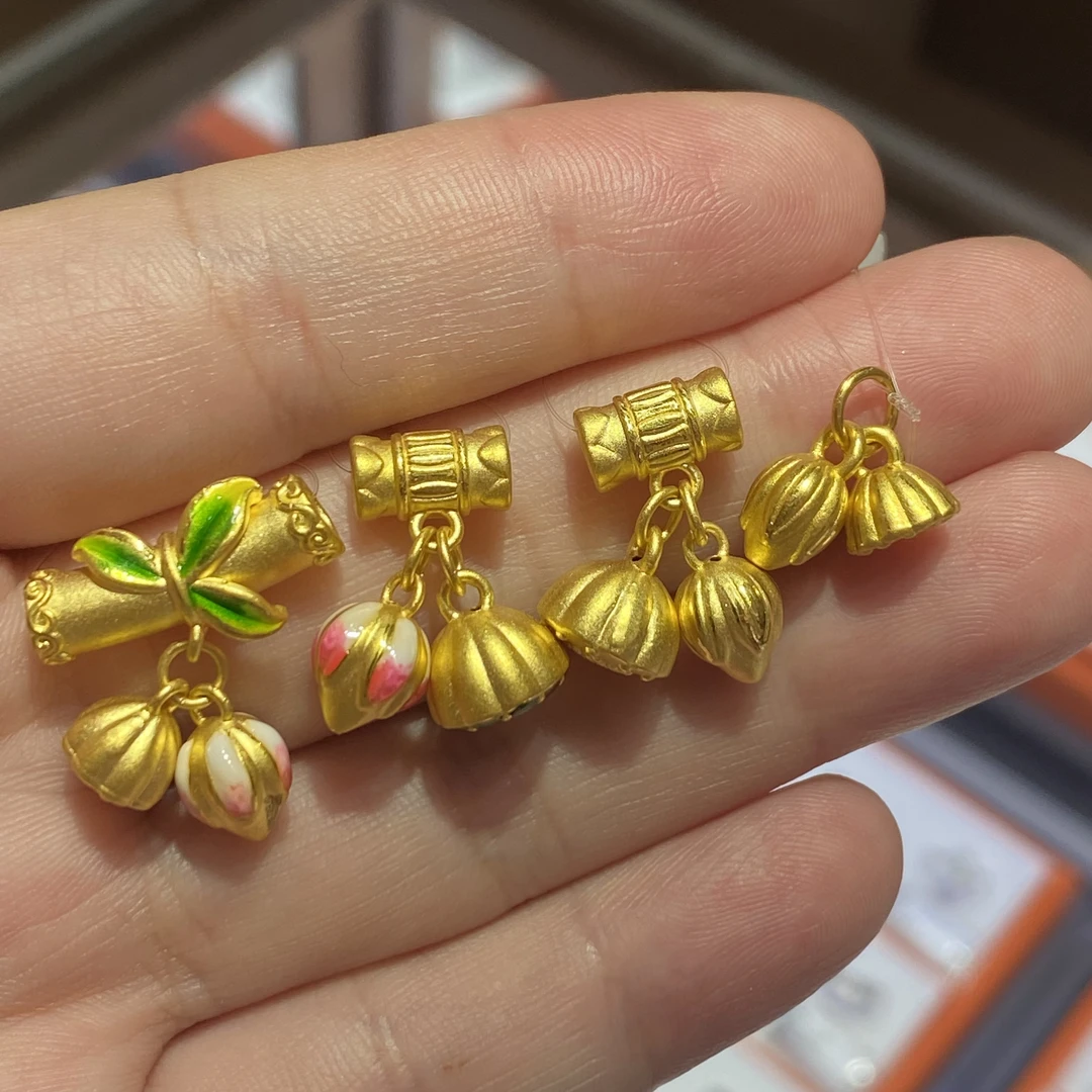 【两世欢】六桂福足金莲花莲蓬吊坠古法磨砂挂坠精美珐琅彩配件