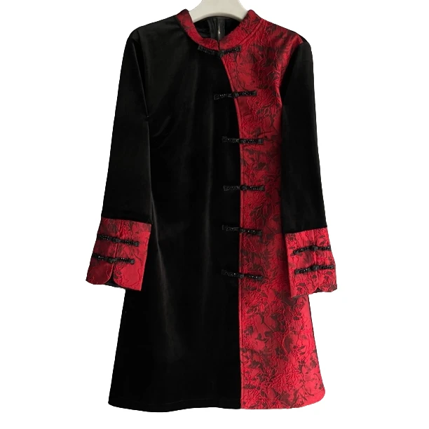 高端气质中国风连衣裙女拼色提花修身显瘦中长裙