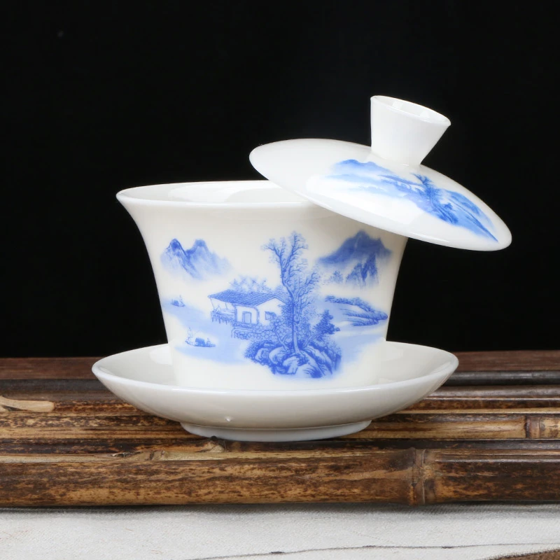 悬停盖碗羊脂玉瓷手工简约中式茶盖碗茶道茶具摆件带盖瓷盖碗