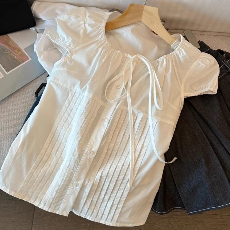纯白色系带单排扣泡泡袖短袖上衣夏季薄款宽松显瘦小个子短款衬衫
