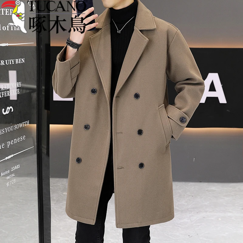 啄木鸟正品男士风衣秋冬款高档西装领外套时尚韩版中长款保暖大衣