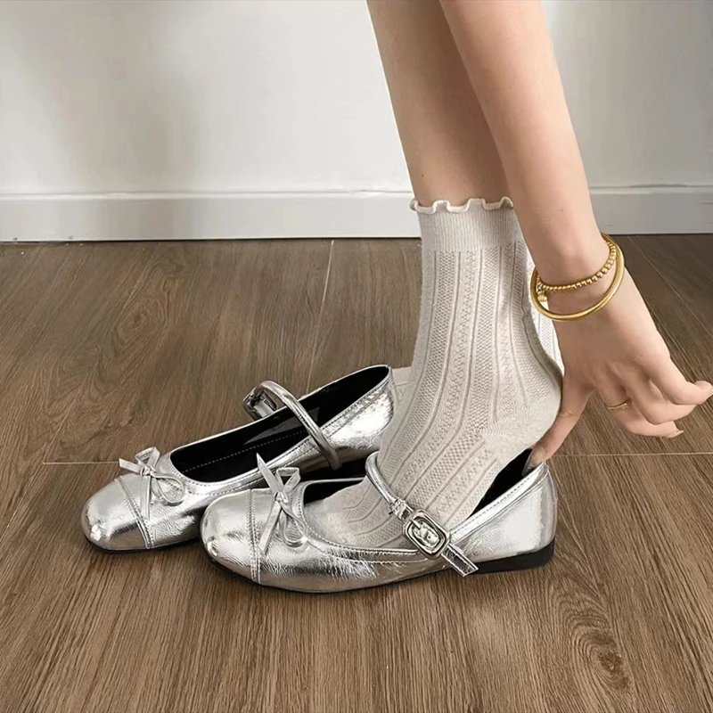 法式圆头蝴蝶结平底单鞋女2024夏季新款百搭浅口配裙子玛丽珍单鞋