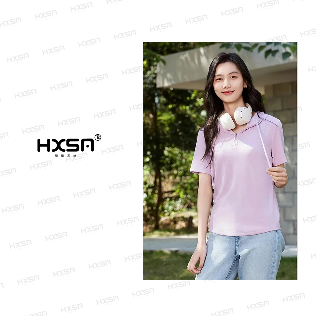 HXSM「温婉知性」早春简约百搭风针织半拉链连帽短袖9062