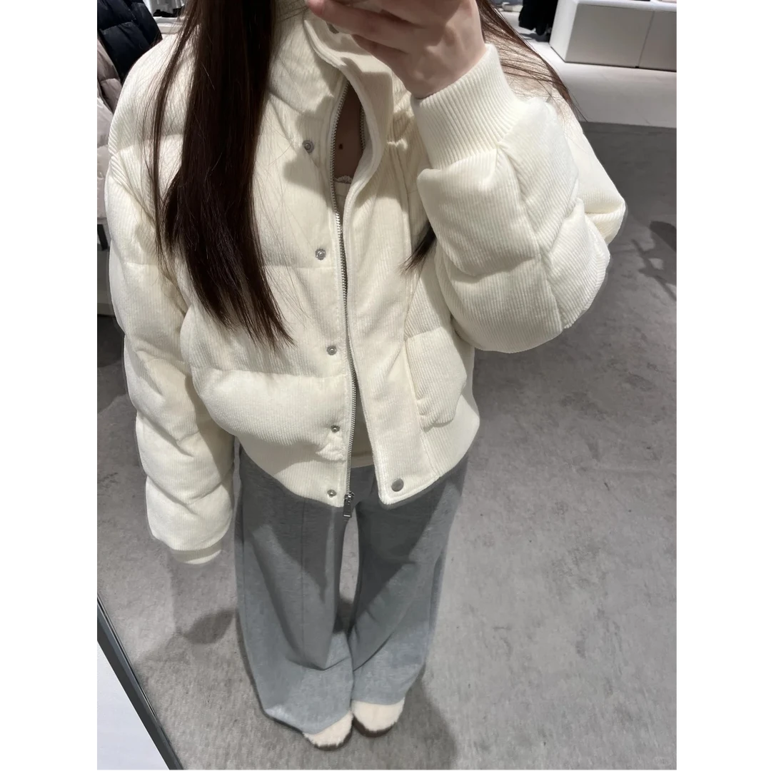 雅丹风米白色简约立领绒面棉服女冬季新款加厚保暖棉衣面包服外套