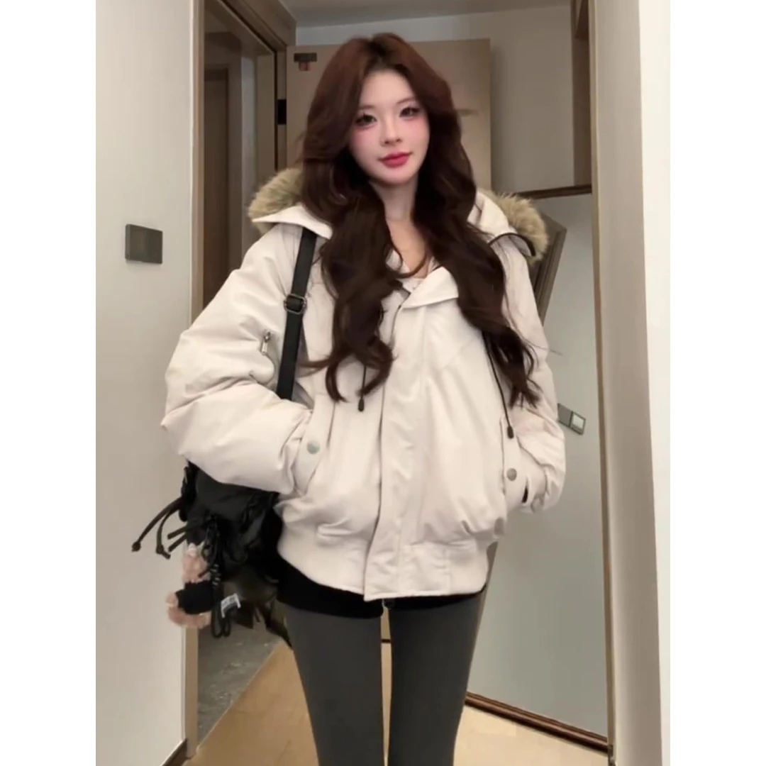 白色毛领连帽派克棉服女冬季加绒加厚保暖棉衣高级感外套宽松上衣