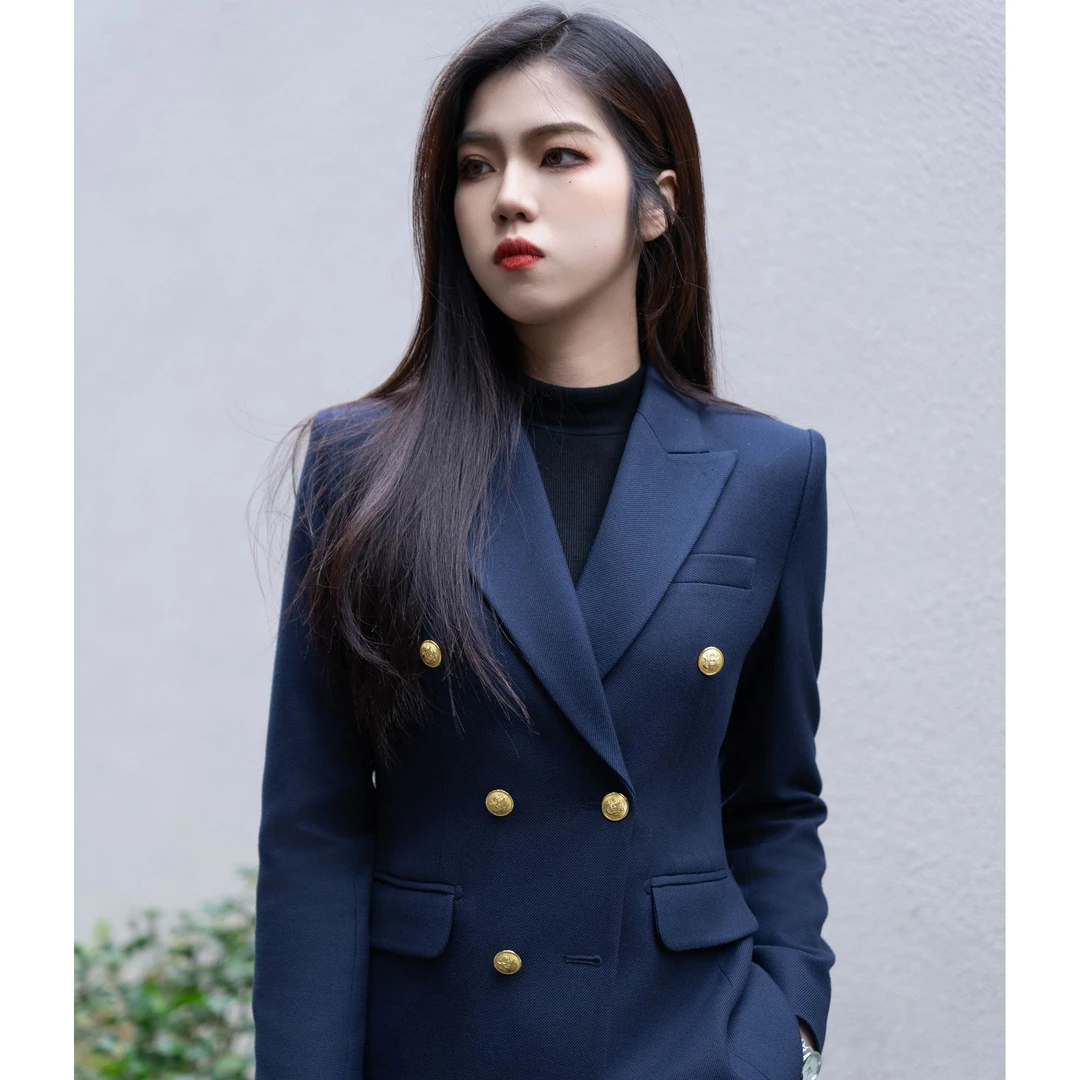 冬款加厚藏青色双排金扣西装套装显瘦气质高级感布雷泽西装女套装
