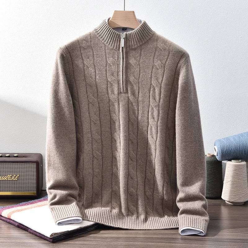 男士100%纯山羊绒衫半高拉链上衣扭花羊绒衫A类羊绒质感冬季JC745