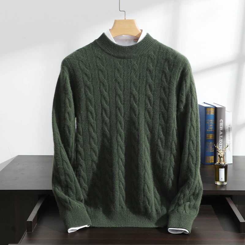 男士加厚100%山羊绒半高领绞花立体提花上衣商务休闲百搭柔软A016