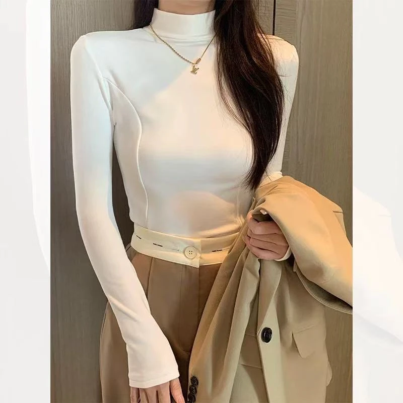 秋冬款加绒复古鱼骨收腰显瘦气质长袖修身半高领打底衫女内搭上衣