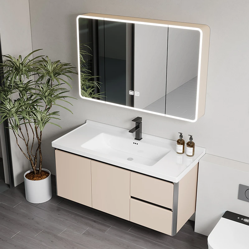 卫生间卡其双抽屉浴室柜陶瓷一体盆卫浴柜洗手台盆柜组合洗漱台盆