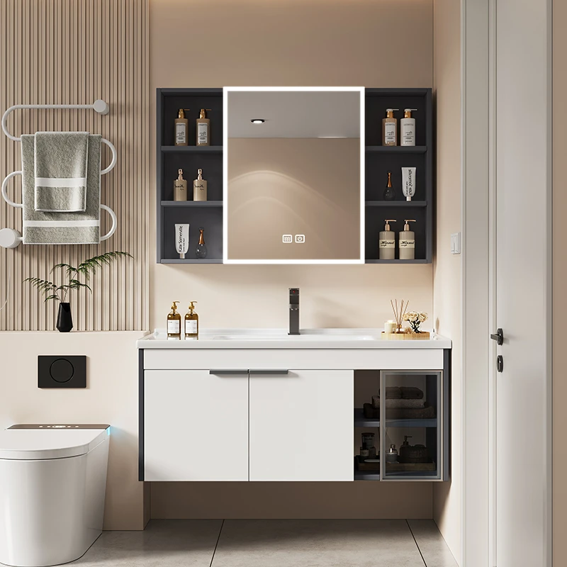 焕新家奶白蜂窝铝玻璃门卫生间陶瓷一体盆卫浴洗漱柜洗手台盆组合