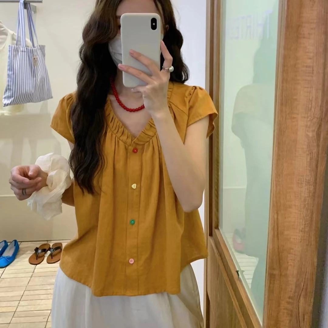 多巴胺小个子定制短袖衬衫女夏季短款温柔气质别致小衫爆款上衣
