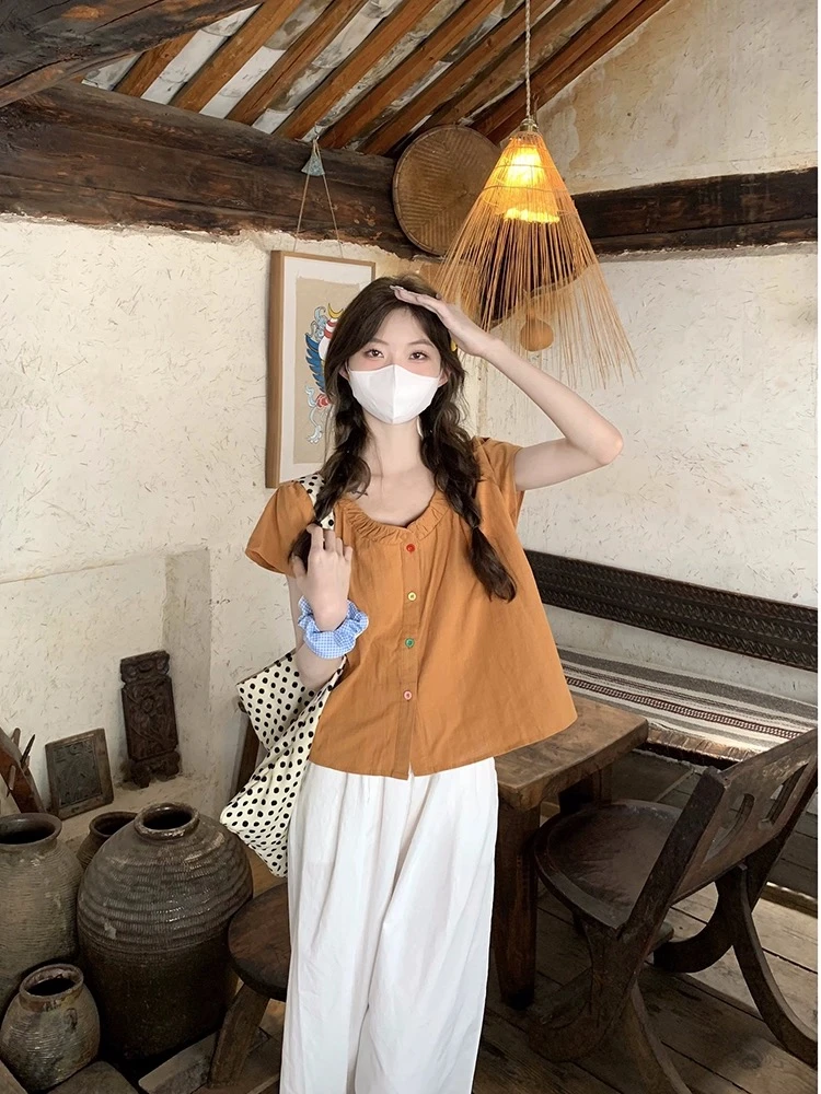 小个子定制焦糖色短袖新款衬衫女夏季短款别致小衫爆款上衣