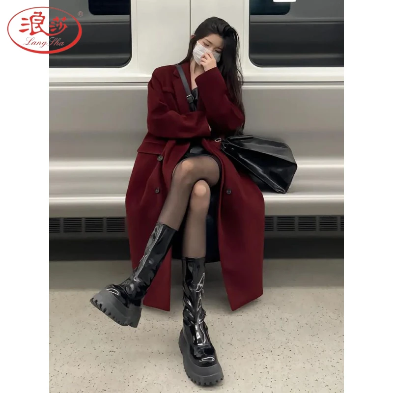 浪莎韩版复古红呢大衣女秋冬新款小个子茧型宽松中长款纯色西装