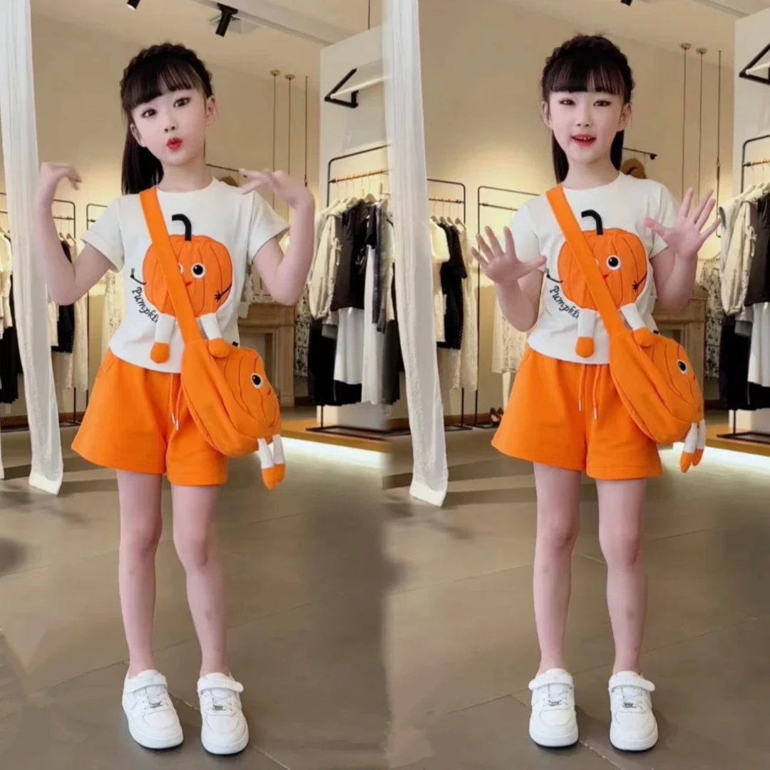女童立体卡通南瓜印花休闲套装2025夏季新款儿童时尚短袖三件套潮