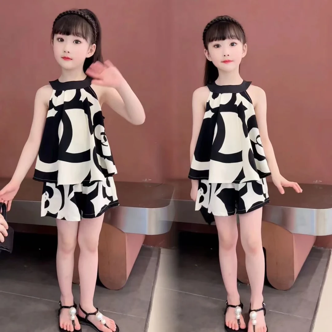 女童2024套装夏季洋气甜美套装中大童花朵挂脖短裤雪纺两件套