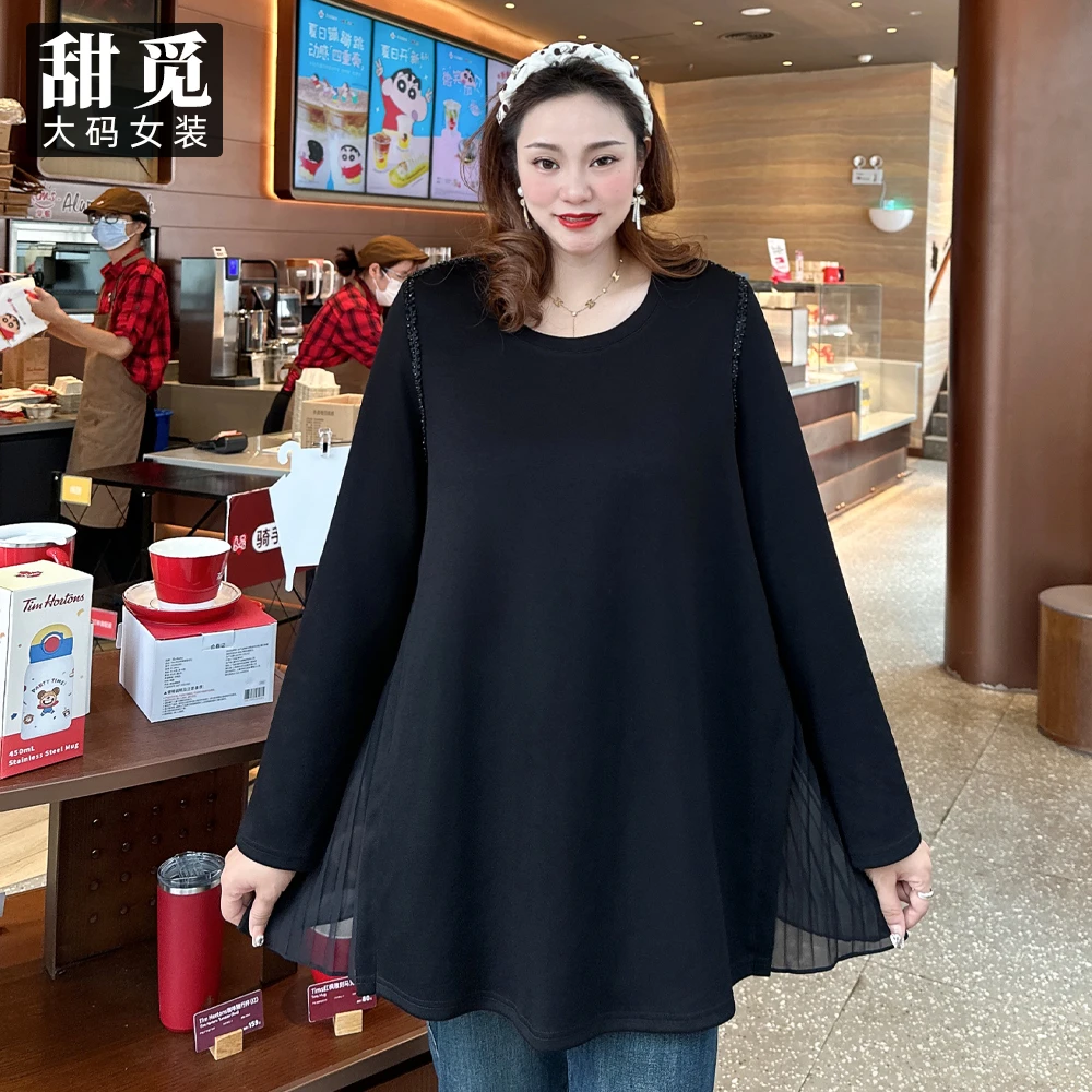 甜觅特大码女装2024秋冬款胖mm300斤重工钉珠宽松大A版中长款卫衣