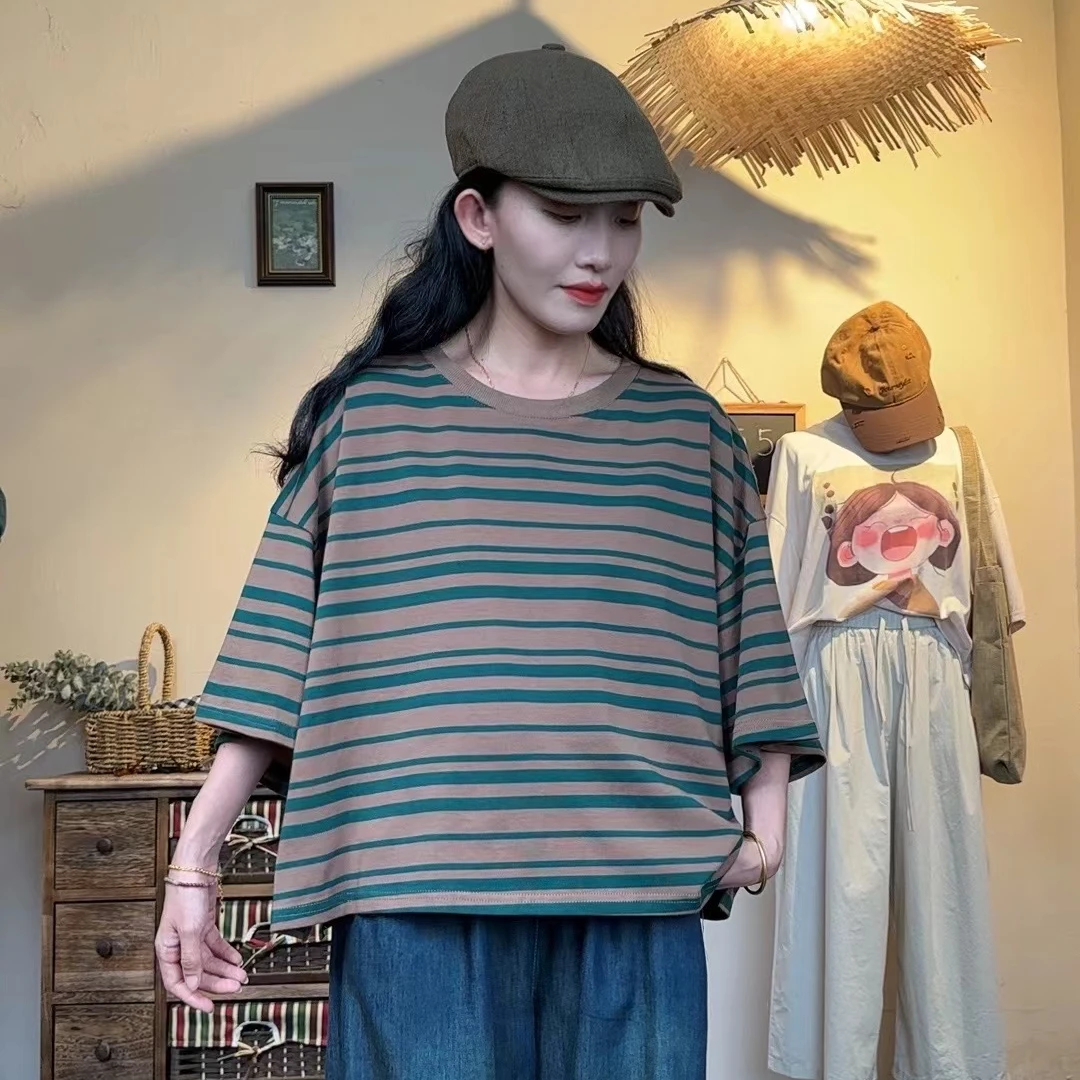 2025夏季百搭宽松版圆领条纹T恤