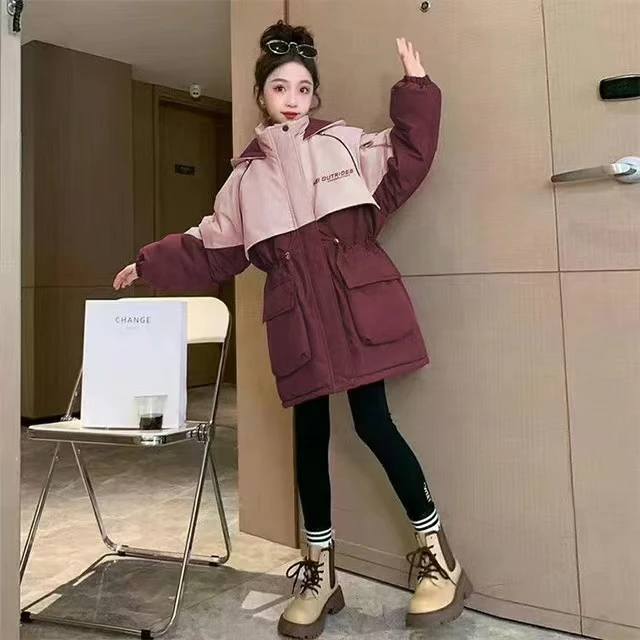 女童外套秋冬款加绒外套2024新款洋气风衣夹克女童外套中长款棉服