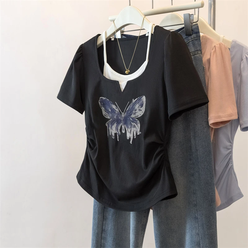 大码微胖女装夏季新款U领短袖遮肚显瘦假两件打底衫t恤上衣潮