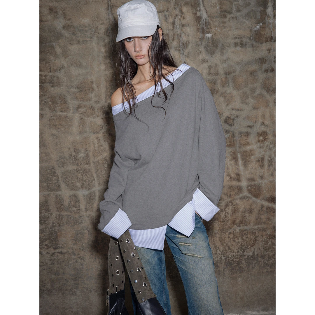 INSECTMODEL虫塑 女士一字领露肩条纹拼接假两件通勤宽松时尚卫衣