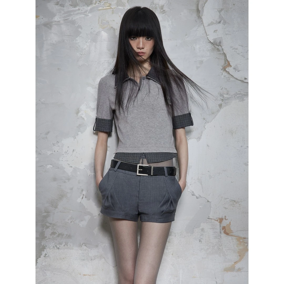 虫塑INSECTMODEL 短裤女2025新款夏直筒不规则褶皱垂坠感西装裤