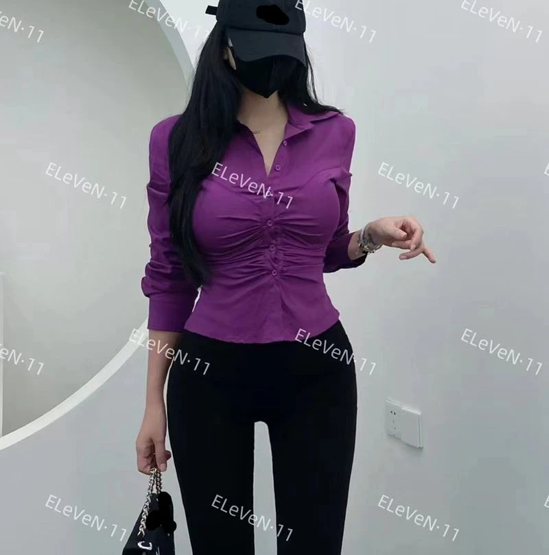 韩版新款气质收腰绑带POLO领长袖衬衫女修身褶皱显瘦内搭打底衬衣