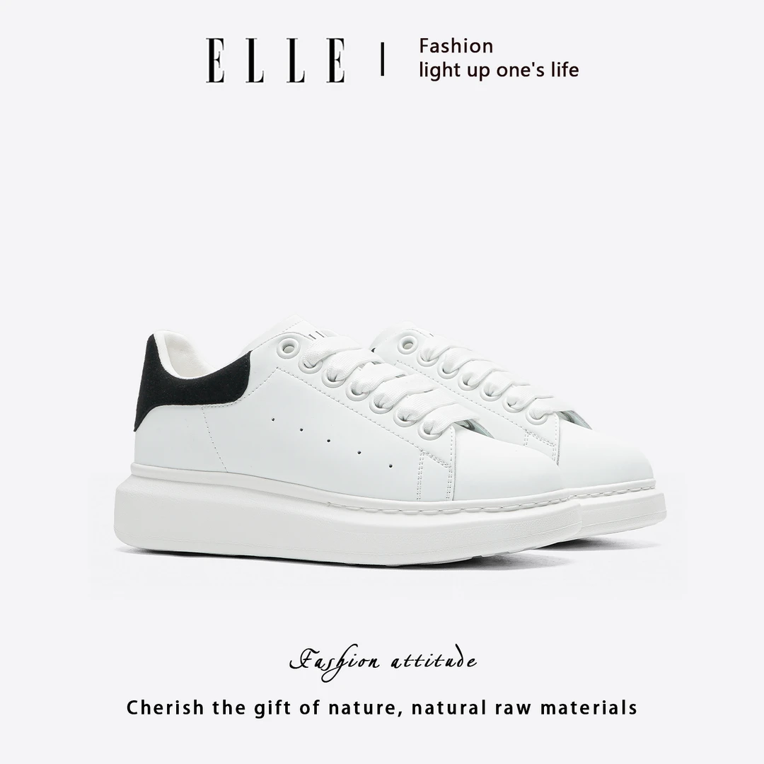 ELLE拼色百搭圆头休闲板鞋女2025秋季新款时尚增高潮流厚底小白鞋