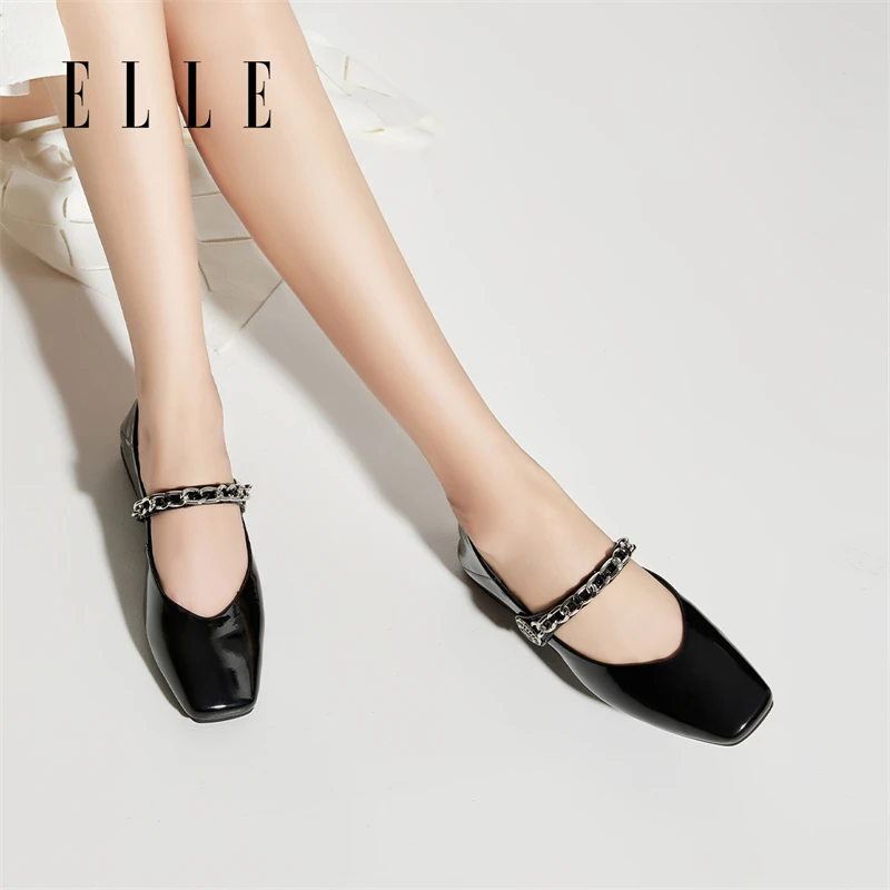 ELLE方头黑色单鞋女2024年新款夏季平底鞋配裙子玛丽珍粗跟小皮鞋