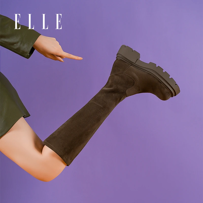 ELLE高筒长靴女2025新款复古时尚弹力靴绒面袜靴瘦瘦靴厚底长筒靴