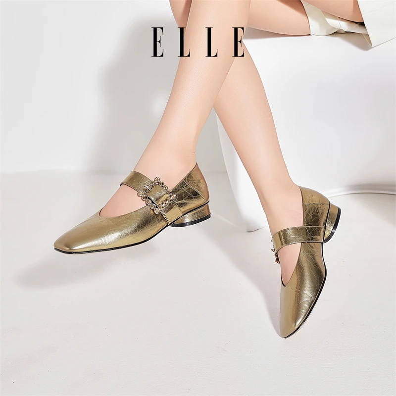 ELLE爆裂纹浅口单鞋女2025秋季新款法式气质百搭方头低跟玛丽珍鞋