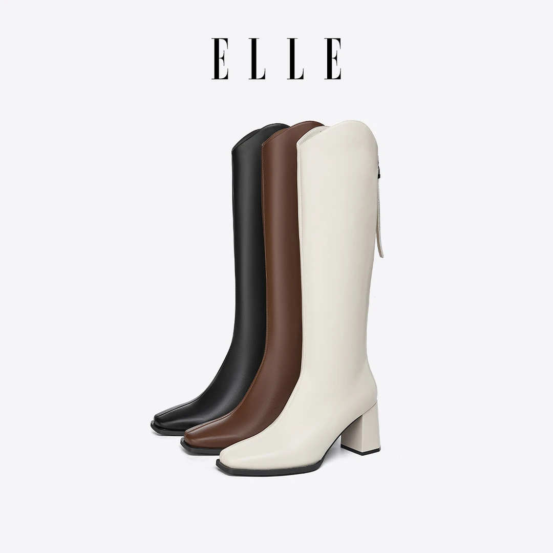 ELLE白色骑士靴长筒靴女方跟2025冬季时尚方头加绒粗跟复古西部靴