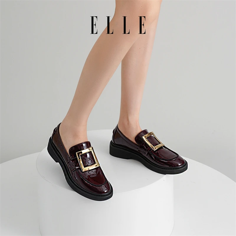 ELLE漆皮小皮鞋女2025秋冬季新款百搭学院风乐福鞋粗跟时尚单鞋子