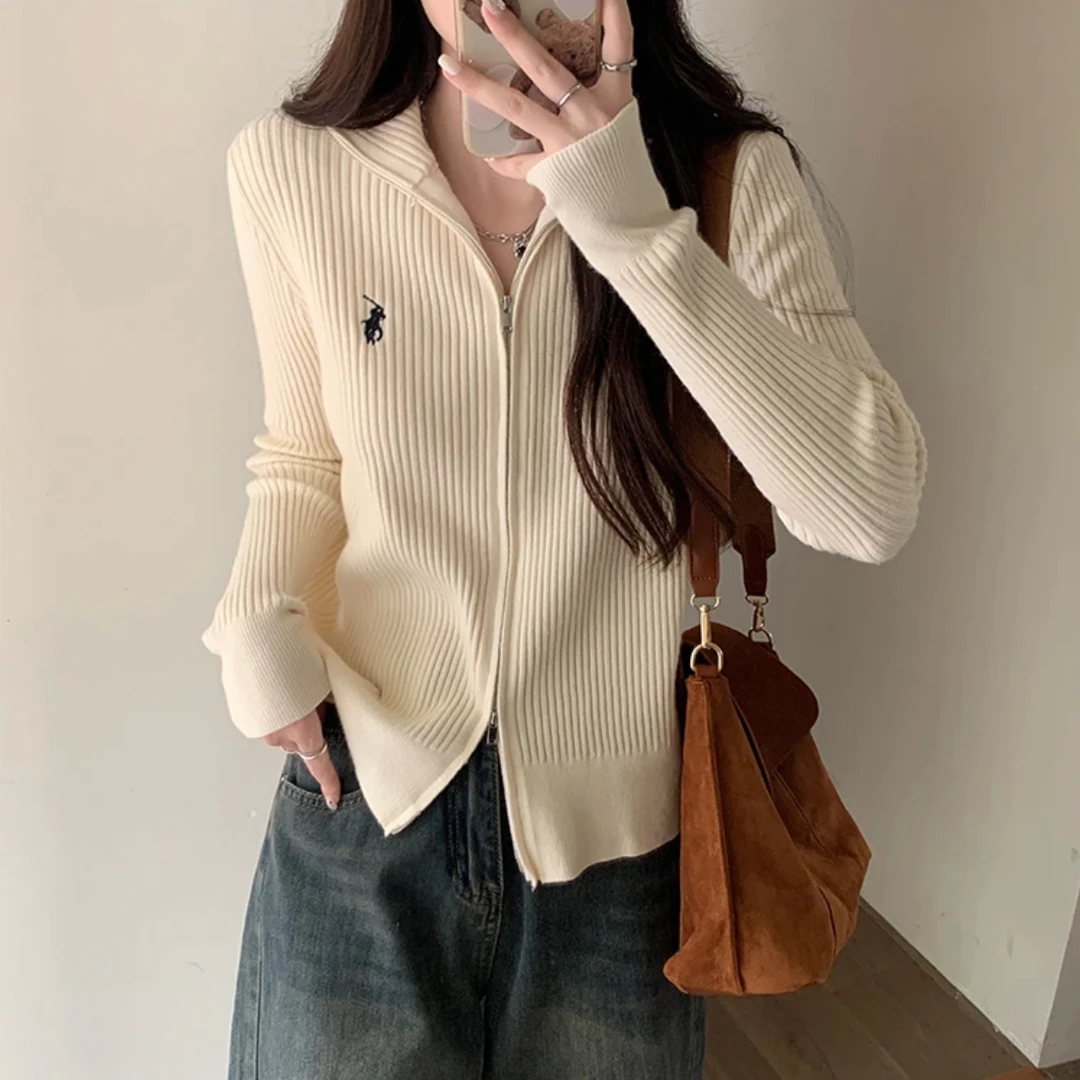 显瘦双拉链刺绣毛衣女2024新款开衫修身百搭上衣女外套春秋针织衫