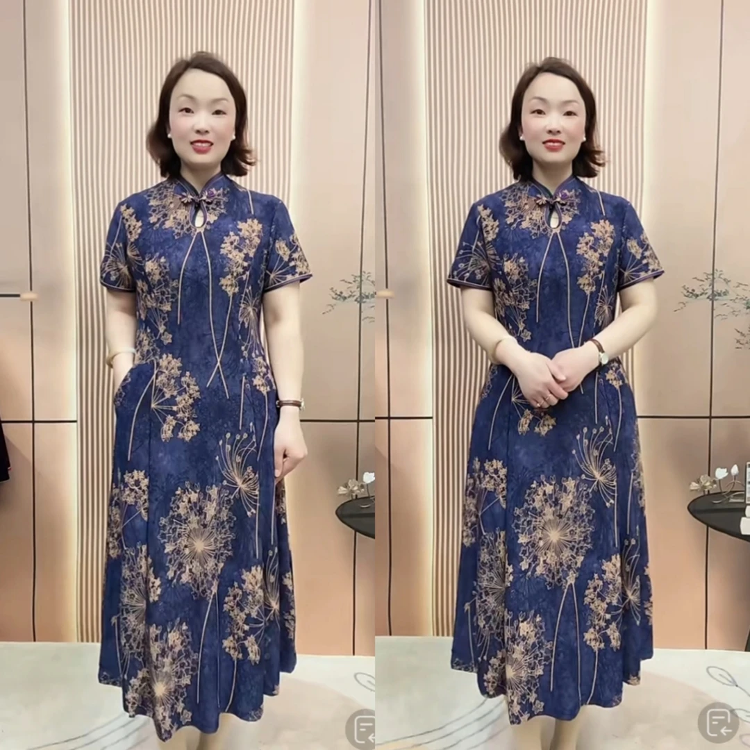 妈妈装改良中国风气质连衣裙夏季短袖盘扣中长款高考毕业季中年