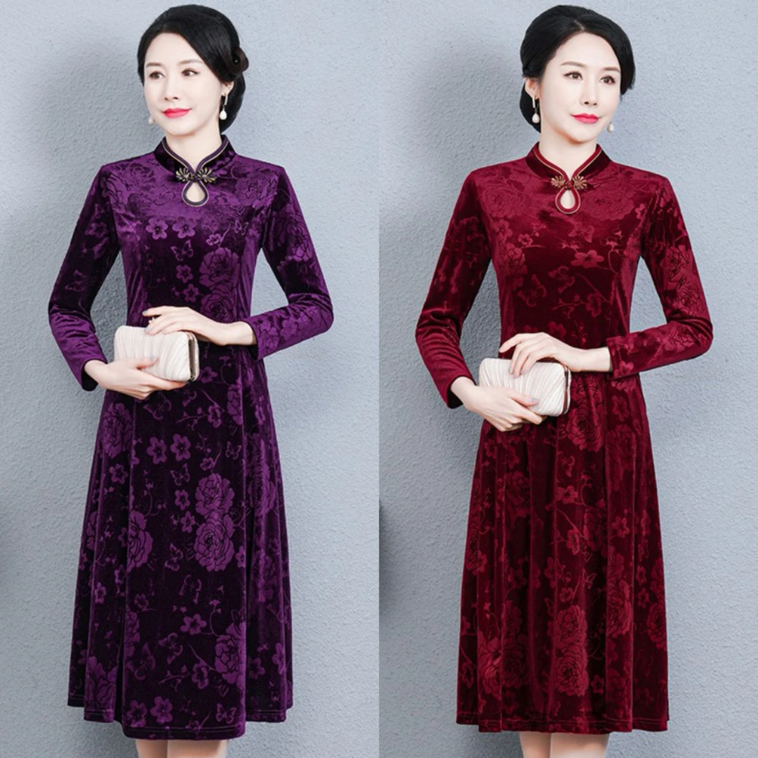 春秋冬长袖连衣裙高档新中式改良中国风旗袍提花中年妈妈盘扣