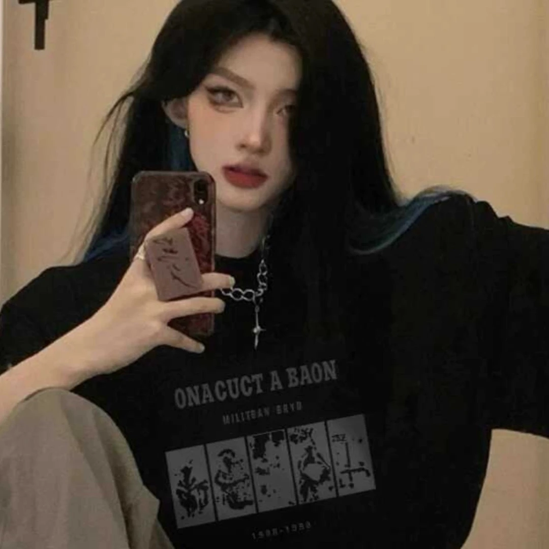 黑色宽松短袖t恤女2025夏季圆领体恤设计感小众半袖上衣正肩美式