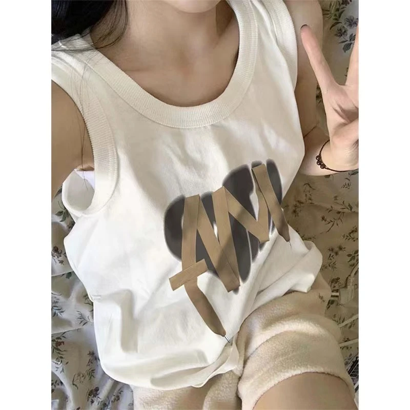 美式复古白色背心无袖t恤女夏季设计感小众宽松外穿纯棉吊带上衣