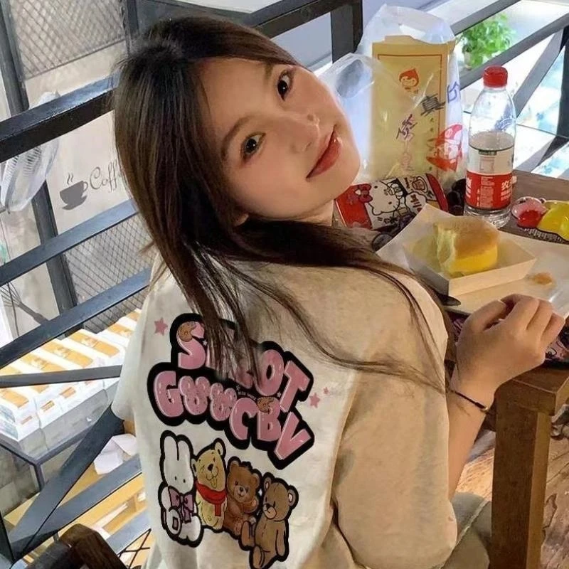 美式T恤女复古卡通减龄纯棉短袖大码oversize潮ins百搭休闲上衣秋